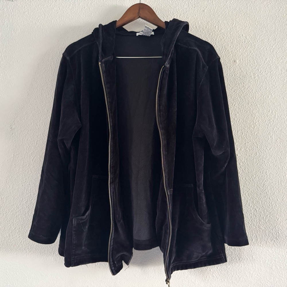 Y2K Velour Zip Up Hoodie Large Black Loungewear Cozy Athleisure Cotton Couture - Picture 4 of 12